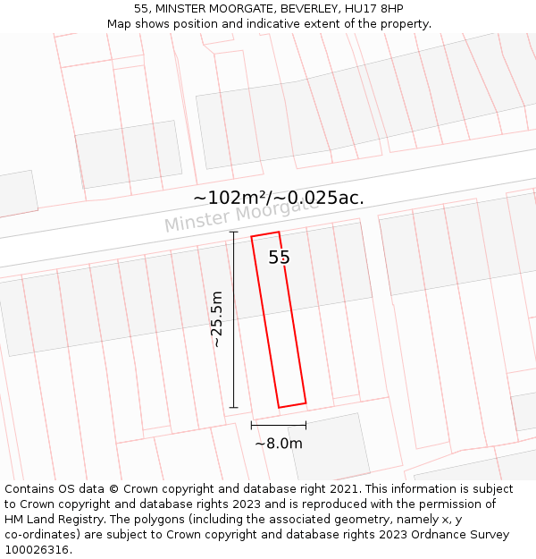 55, MINSTER MOORGATE, BEVERLEY, HU17 8HP: Plot and title map