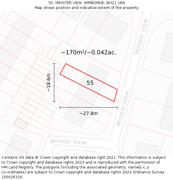 55, MINSTER VIEW, WIMBORNE, BH21 1BA: Plot and title map