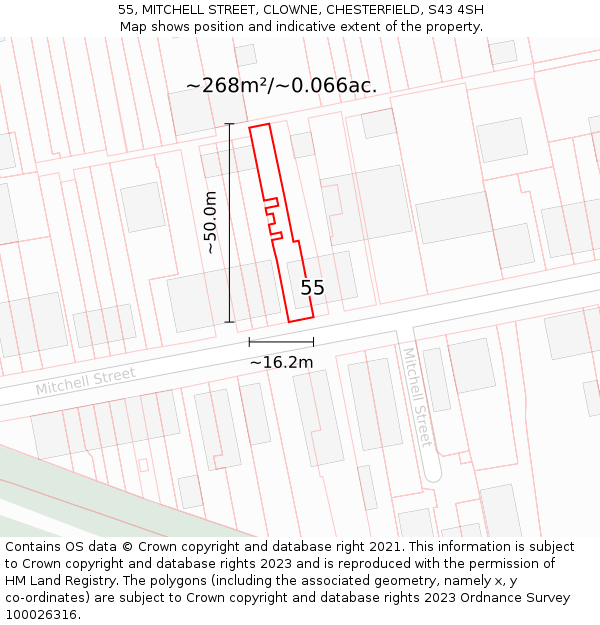 55, MITCHELL STREET, CLOWNE, CHESTERFIELD, S43 4SH: Plot and title map
