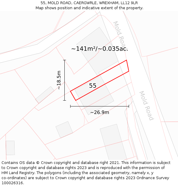 55, MOLD ROAD, CAERGWRLE, WREXHAM, LL12 9LR: Plot and title map
