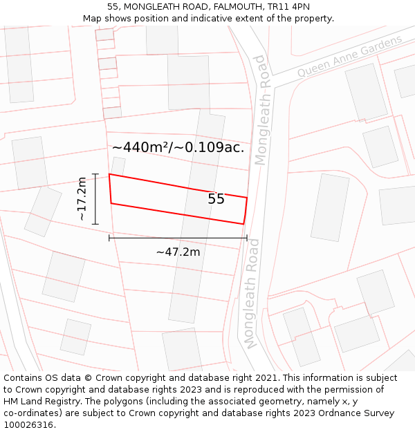 55, MONGLEATH ROAD, FALMOUTH, TR11 4PN: Plot and title map