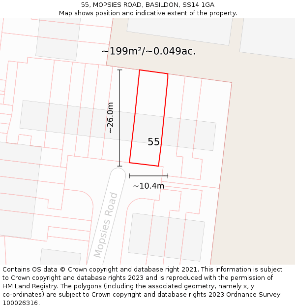 55, MOPSIES ROAD, BASILDON, SS14 1GA: Plot and title map