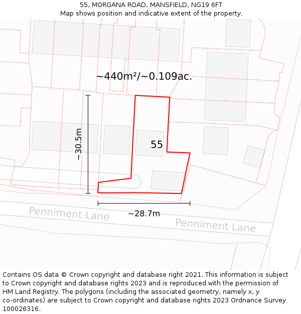 55, MORGANA ROAD, MANSFIELD, NG19 6FT: Plot and title map