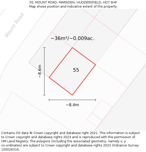55, MOUNT ROAD, MARSDEN, HUDDERSFIELD, HD7 6HP: Plot and title map