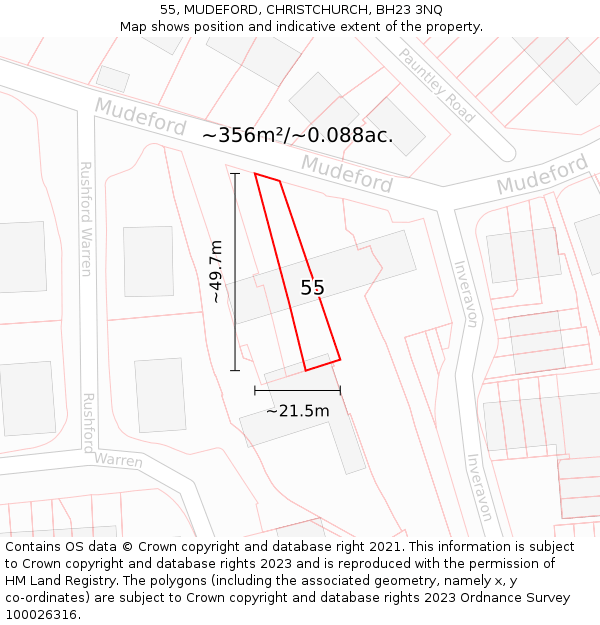 55, MUDEFORD, CHRISTCHURCH, BH23 3NQ: Plot and title map