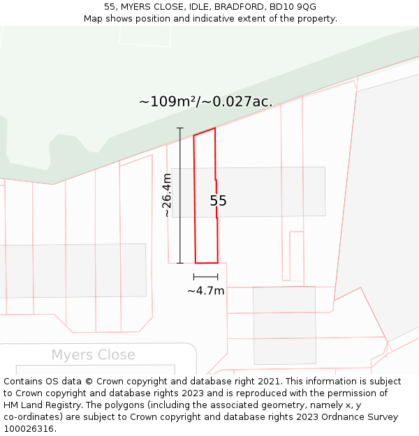 55, MYERS CLOSE, IDLE, BRADFORD, BD10 9QG: Plot and title map