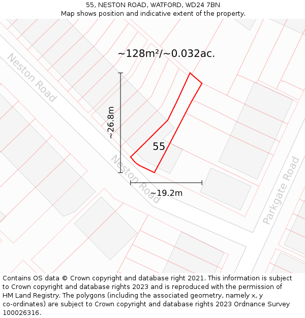 55, NESTON ROAD, WATFORD, WD24 7BN: Plot and title map