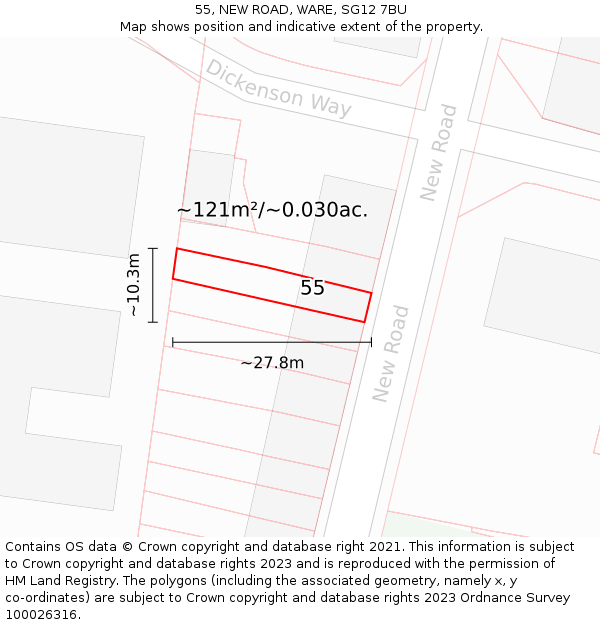 55, NEW ROAD, WARE, SG12 7BU: Plot and title map