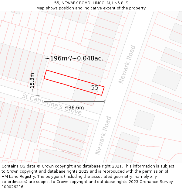55, NEWARK ROAD, LINCOLN, LN5 8LS: Plot and title map