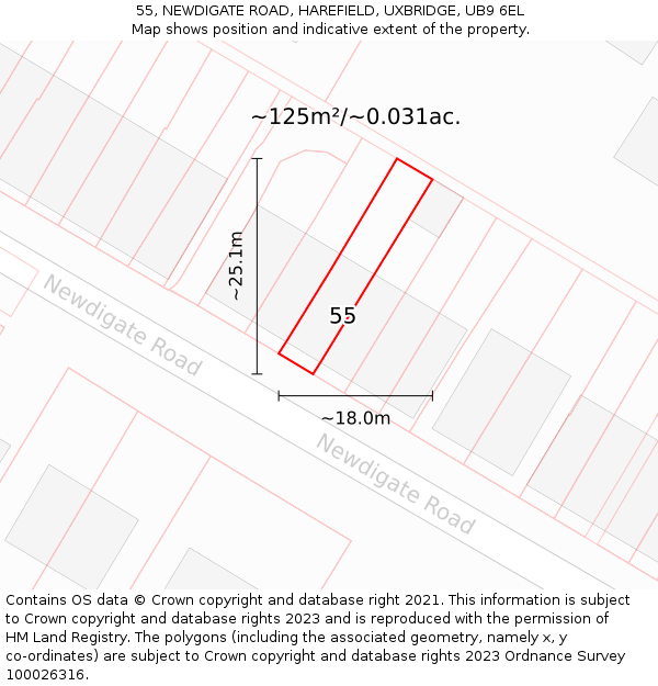 55, NEWDIGATE ROAD, HAREFIELD, UXBRIDGE, UB9 6EL: Plot and title map