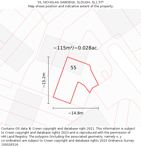 55, NICHOLAS GARDENS, SLOUGH, SL1 5TT: Plot and title map