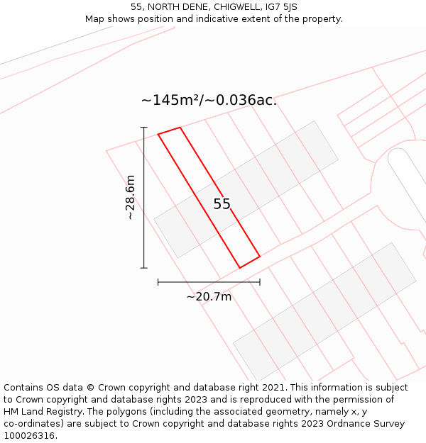 55, NORTH DENE, CHIGWELL, IG7 5JS: Plot and title map