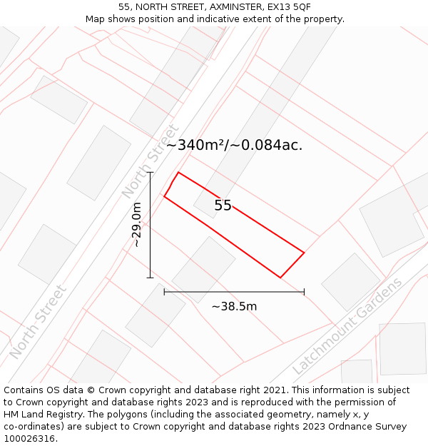 55, NORTH STREET, AXMINSTER, EX13 5QF: Plot and title map