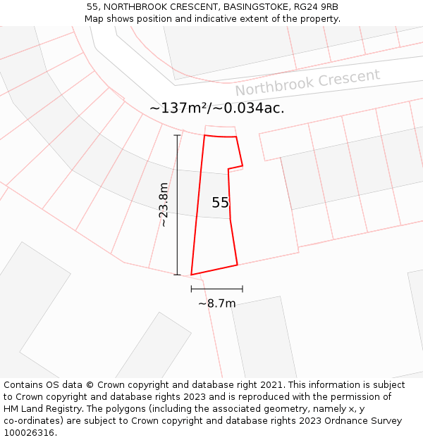 55, NORTHBROOK CRESCENT, BASINGSTOKE, RG24 9RB: Plot and title map