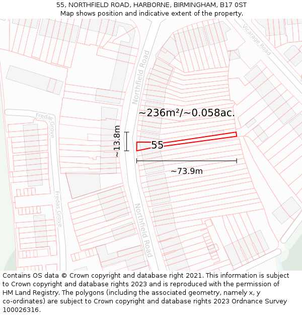 55, NORTHFIELD ROAD, HARBORNE, BIRMINGHAM, B17 0ST: Plot and title map