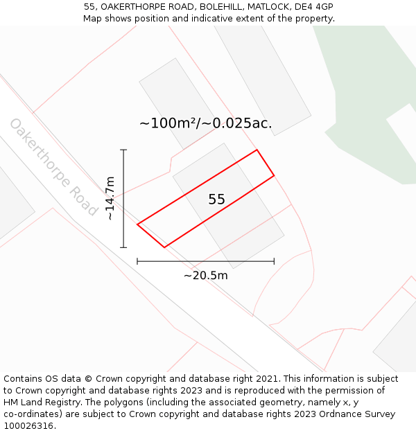 55, OAKERTHORPE ROAD, BOLEHILL, MATLOCK, DE4 4GP: Plot and title map