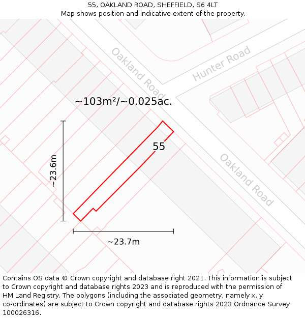 55, OAKLAND ROAD, SHEFFIELD, S6 4LT: Plot and title map