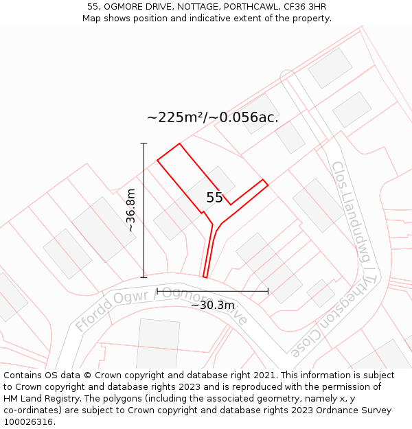 55, OGMORE DRIVE, NOTTAGE, PORTHCAWL, CF36 3HR: Plot and title map