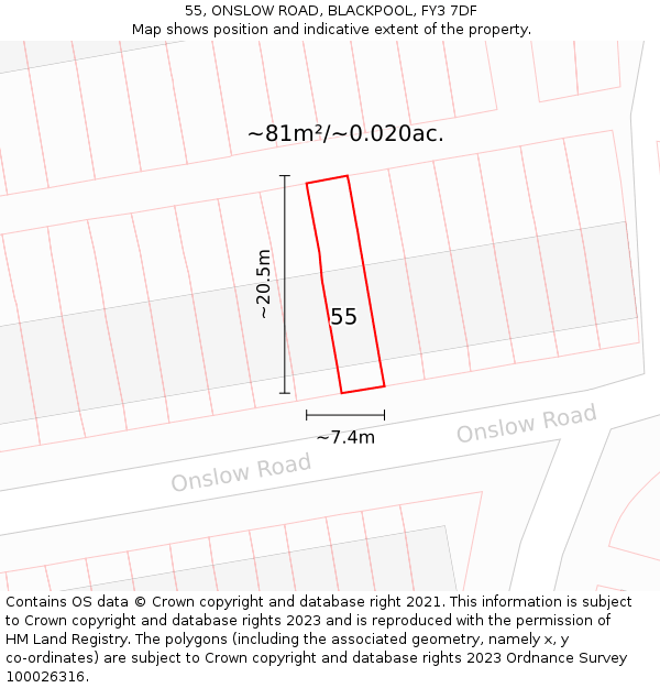 55, ONSLOW ROAD, BLACKPOOL, FY3 7DF: Plot and title map