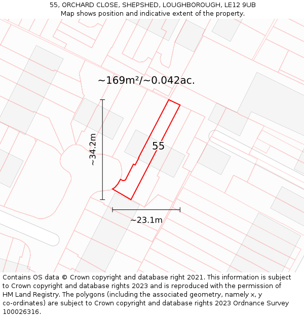 55, ORCHARD CLOSE, SHEPSHED, LOUGHBOROUGH, LE12 9UB: Plot and title map