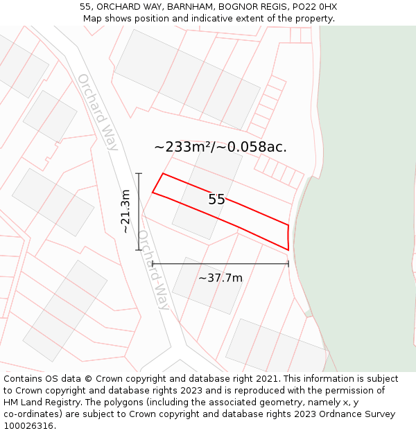 55, ORCHARD WAY, BARNHAM, BOGNOR REGIS, PO22 0HX: Plot and title map