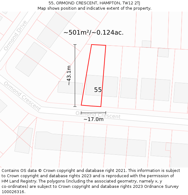 55, ORMOND CRESCENT, HAMPTON, TW12 2TJ: Plot and title map