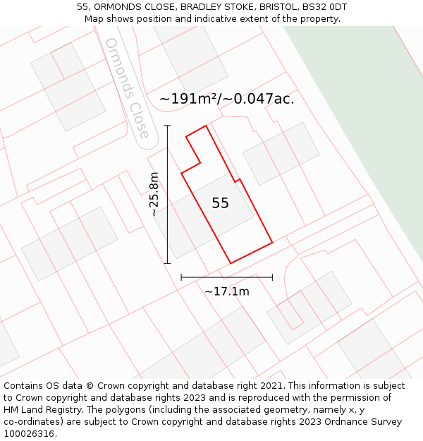 55, ORMONDS CLOSE, BRADLEY STOKE, BRISTOL, BS32 0DT: Plot and title map