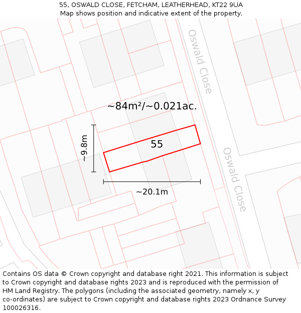 55, OSWALD CLOSE, FETCHAM, LEATHERHEAD, KT22 9UA: Plot and title map