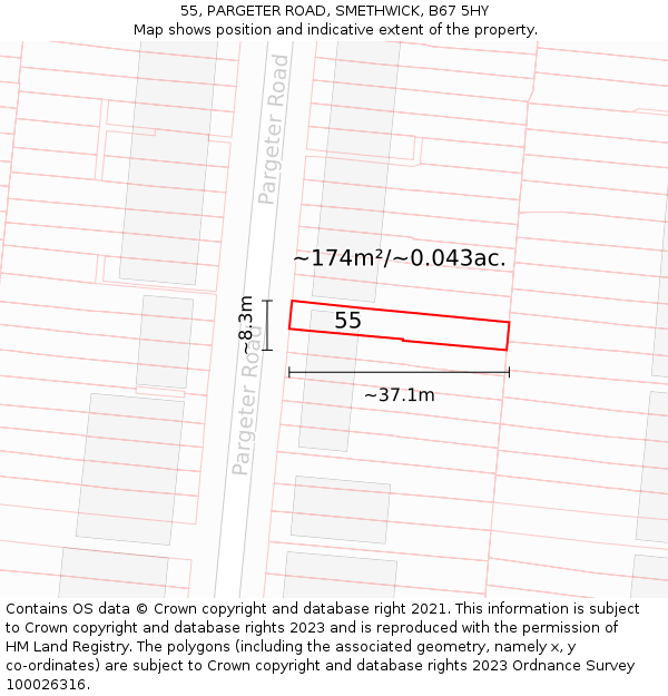 55, PARGETER ROAD, SMETHWICK, B67 5HY: Plot and title map