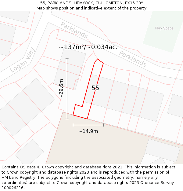 55, PARKLANDS, HEMYOCK, CULLOMPTON, EX15 3RY: Plot and title map