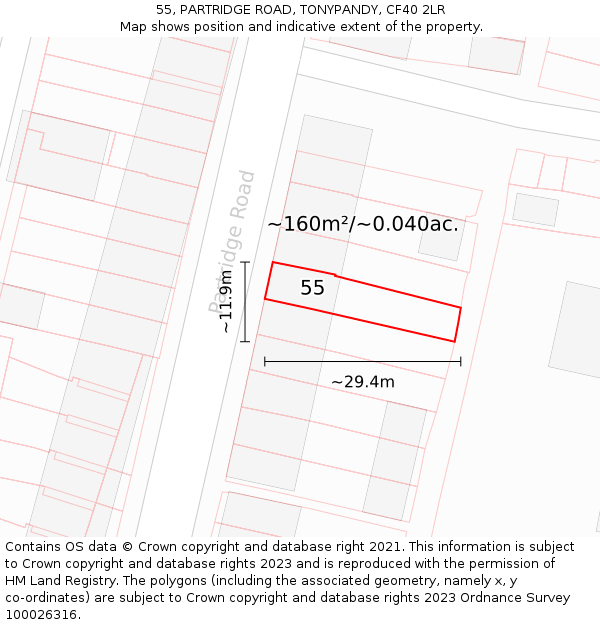 55, PARTRIDGE ROAD, TONYPANDY, CF40 2LR: Plot and title map