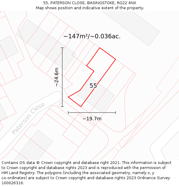 55, PATERSON CLOSE, BASINGSTOKE, RG22 4NX: Plot and title map