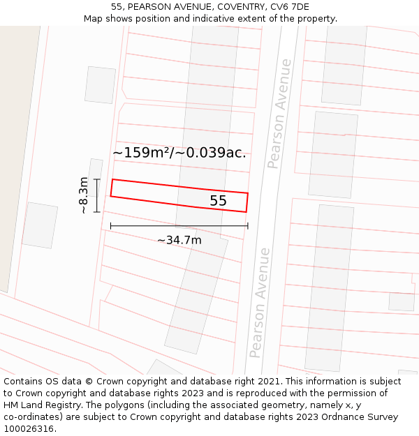 55, PEARSON AVENUE, COVENTRY, CV6 7DE: Plot and title map