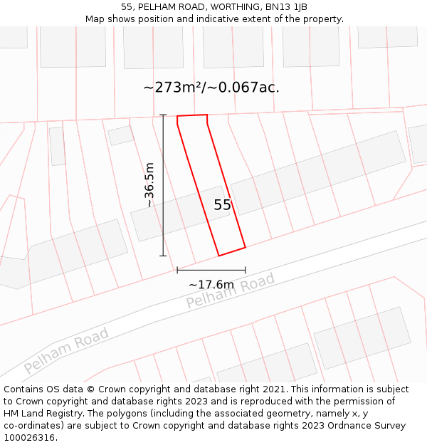 55, PELHAM ROAD, WORTHING, BN13 1JB: Plot and title map