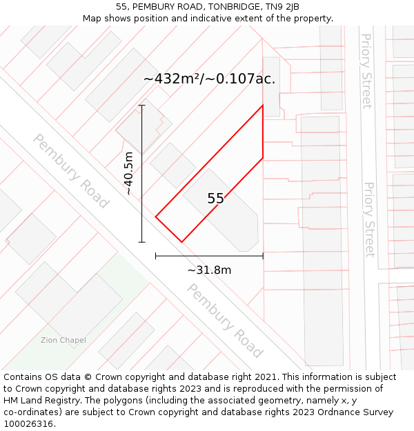 55, PEMBURY ROAD, TONBRIDGE, TN9 2JB: Plot and title map