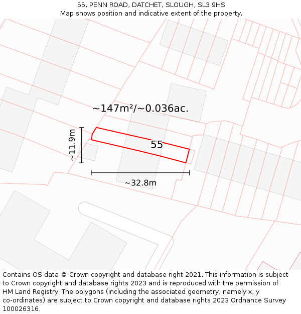 55, PENN ROAD, DATCHET, SLOUGH, SL3 9HS: Plot and title map
