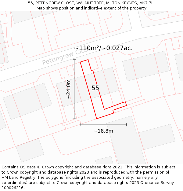 55, PETTINGREW CLOSE, WALNUT TREE, MILTON KEYNES, MK7 7LL: Plot and title map