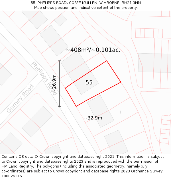 55, PHELIPPS ROAD, CORFE MULLEN, WIMBORNE, BH21 3NN: Plot and title map