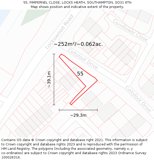 55, PIMPERNEL CLOSE, LOCKS HEATH, SOUTHAMPTON, SO31 6TN: Plot and title map