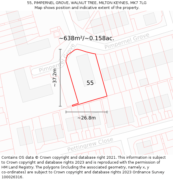 55, PIMPERNEL GROVE, WALNUT TREE, MILTON KEYNES, MK7 7LG: Plot and title map