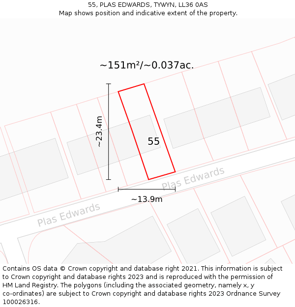 55, PLAS EDWARDS, TYWYN, LL36 0AS: Plot and title map
