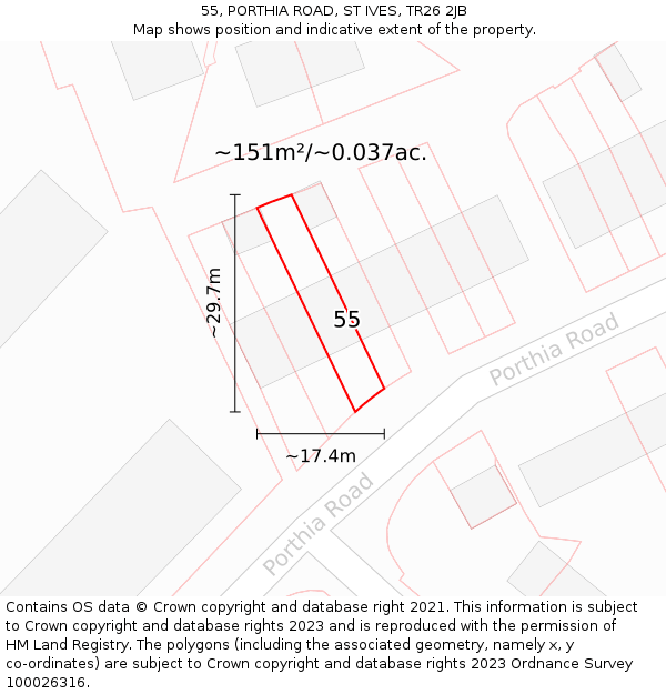 55, PORTHIA ROAD, ST IVES, TR26 2JB: Plot and title map