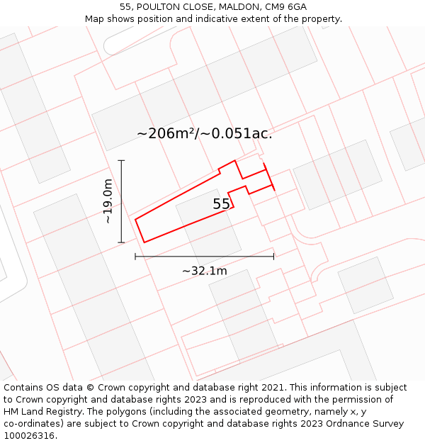 55, POULTON CLOSE, MALDON, CM9 6GA: Plot and title map