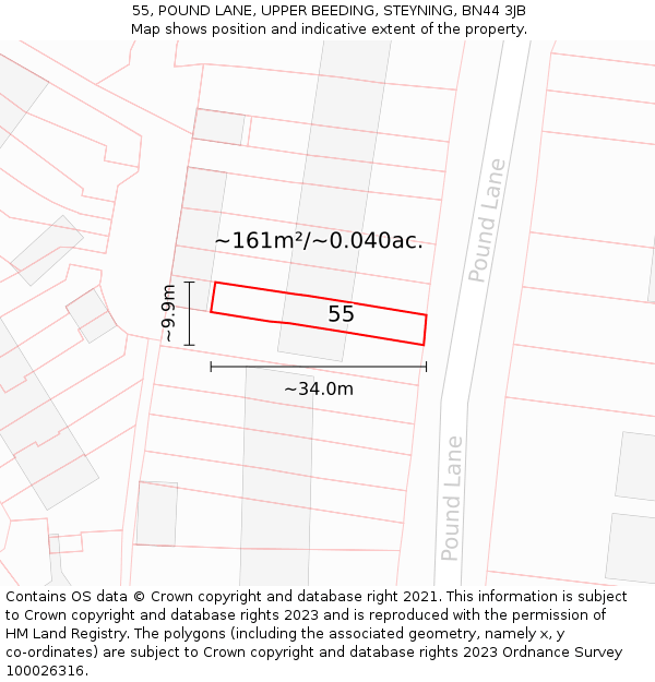 55, POUND LANE, UPPER BEEDING, STEYNING, BN44 3JB: Plot and title map