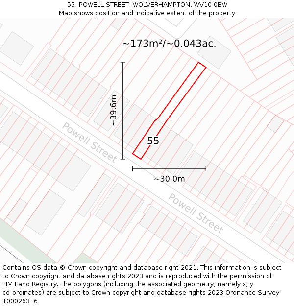55, POWELL STREET, WOLVERHAMPTON, WV10 0BW: Plot and title map