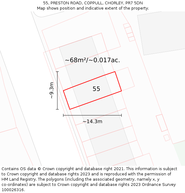 55, PRESTON ROAD, COPPULL, CHORLEY, PR7 5DN: Plot and title map