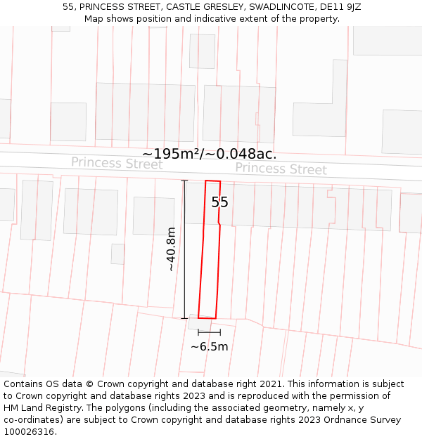 55, PRINCESS STREET, CASTLE GRESLEY, SWADLINCOTE, DE11 9JZ: Plot and title map