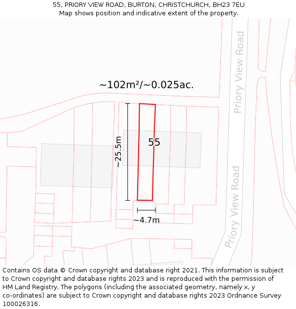 55, PRIORY VIEW ROAD, BURTON, CHRISTCHURCH, BH23 7EU: Plot and title map