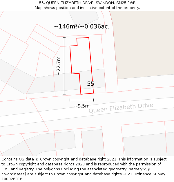 55, QUEEN ELIZABETH DRIVE, SWINDON, SN25 1WR: Plot and title map