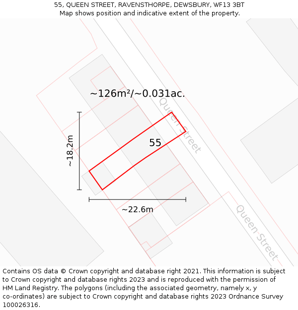 55, QUEEN STREET, RAVENSTHORPE, DEWSBURY, WF13 3BT: Plot and title map